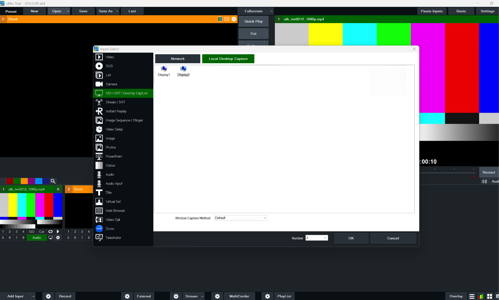 vMix Add Input, NDI / OMT / Desktop Capture, Local Desktop Capture tab, Display1/Display2